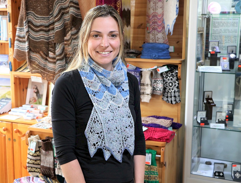 Custodian Rebecca Colyer modelling a lace scarf